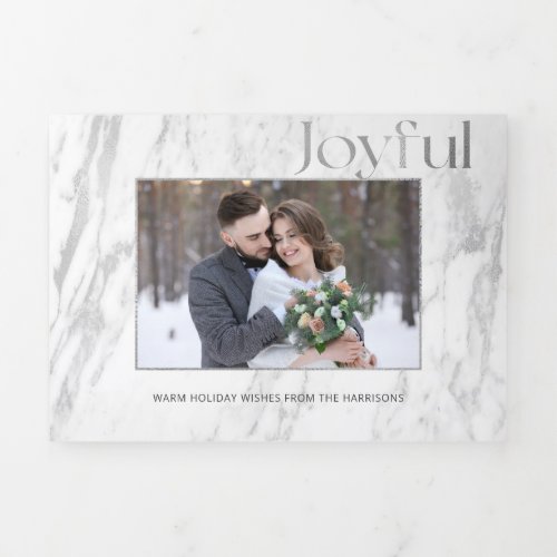 Chic Silver Marble Joyful Typography Photo Tri_Fold Holiday Card