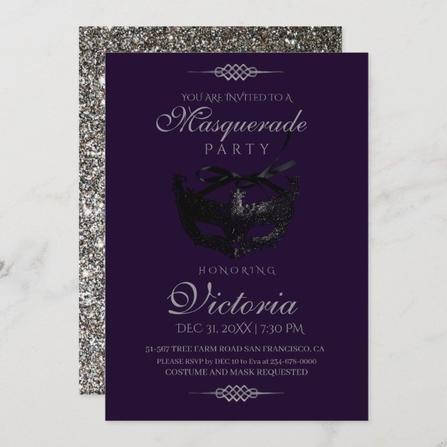 Chic Silver Masquerade Party Birthday Invitation (Front/Back)
