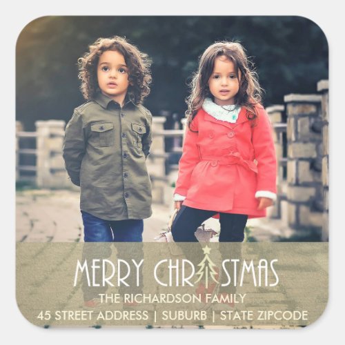 CHIC SILVER MERRY CHRISTMAS HOLIDAY PHOTO ADDRESS SQUARE STICKER