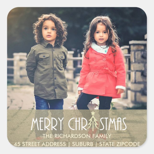 CHIC SILVER MERRY CHRISTMAS HOLIDAY PHOTO ADDRESS SQUARE STICKER (Front)