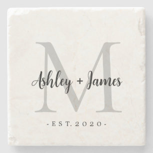 Chic Silver Monogram Script Names Wedding Date Stone Coaster