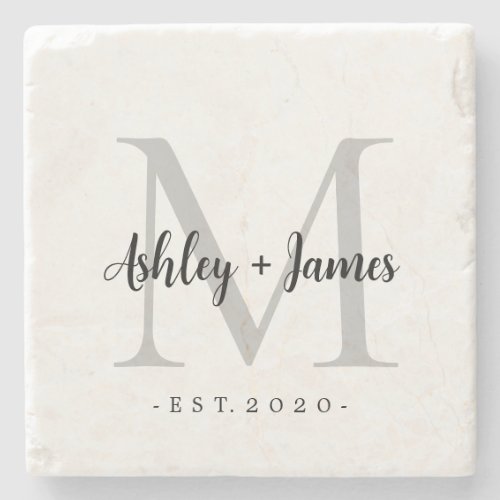 Chic Silver Monogram Script Names Wedding Date Stone Coaster