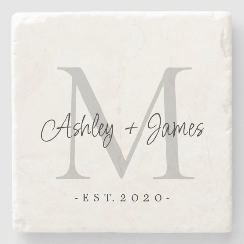 Chic Silver Monogram Script Names Wedding Date Stone Coaster