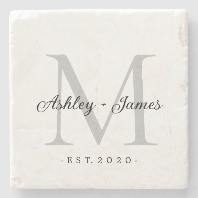 Chic Silver Monogram Script Names Wedding Date Stone Coaster (Front)