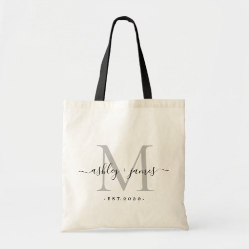 Chic Silver Monogram Script Names Wedding Date Tote Bag