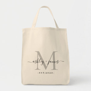 Chic Silver Monogram Script Names Wedding Date Tote Bag