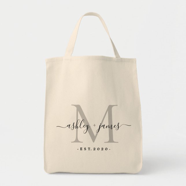 Chic Silver Monogram Script Names Wedding Date Tote Bag (Front)
