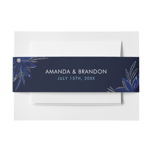 Chic Silver & Navy Blue Floral Wedding Invitation Belly Band (Front Example)