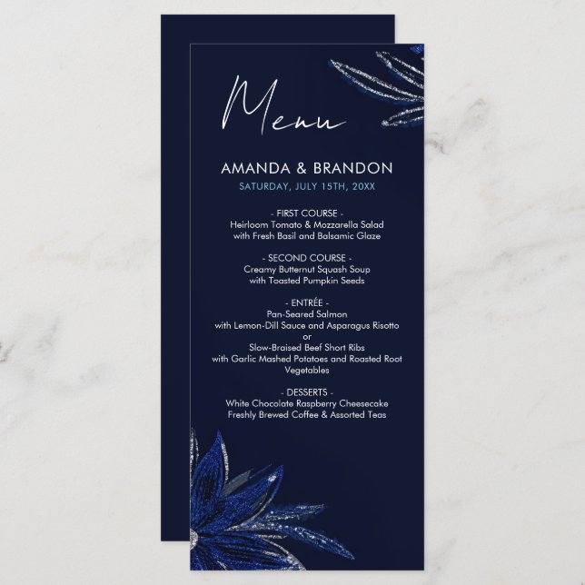 Chic Silver & Navy Blue Floral Wedding Menu (Front/Back)