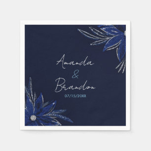 Chic Silver & Navy Blue Floral Wedding Napkins