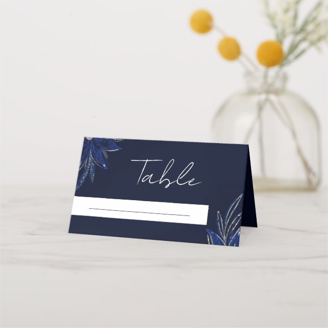 Chic Silver & Navy Blue Floral Wedding Place Card (Front)