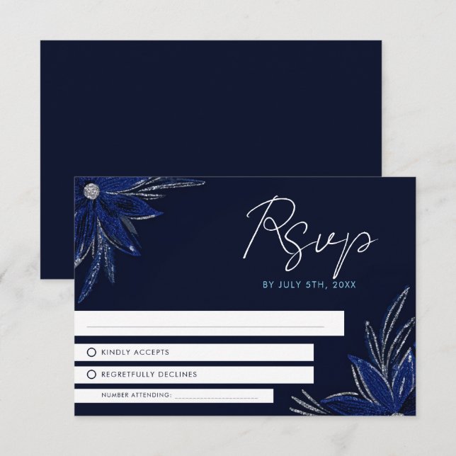 Chic Silver & Navy Blue Floral Wedding RSVP Card (Front/Back)