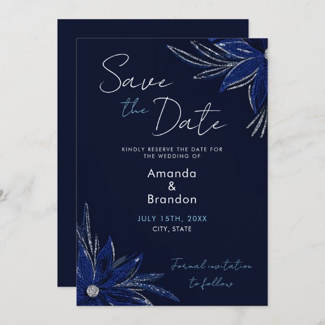 Chic Silver & Navy Blue Floral Wedding Save The Date (Front/Back)