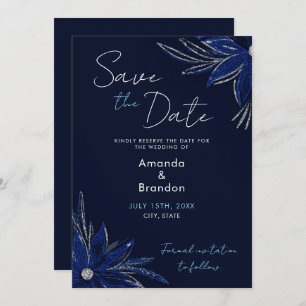 Chic Silver & Navy Blue Floral Wedding Save The Date