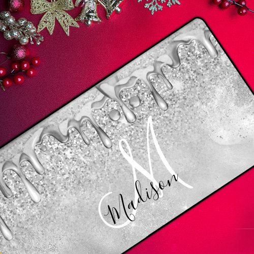 Chic silver ombre glitter drips monogram desk mat