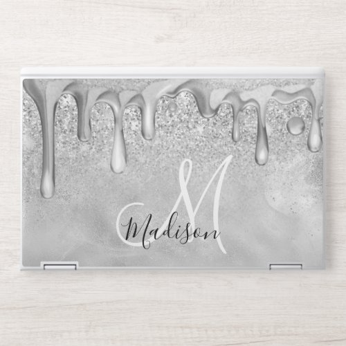 Chic silver ombre glitter drips monogram HP laptop skin