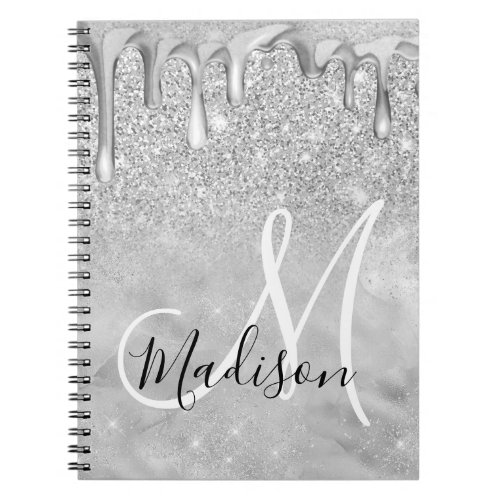 Chic silver ombre glitter drips monogram notebook