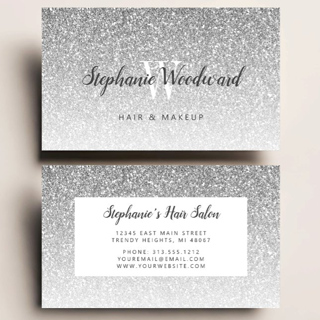 Chic Silver Ombre Glitter Monogram Hair Salon Business Card (Creator Uploaded)