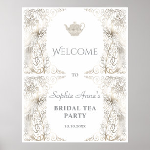 Chic Silver Peacock Bridal Tea Party Welcome Sign