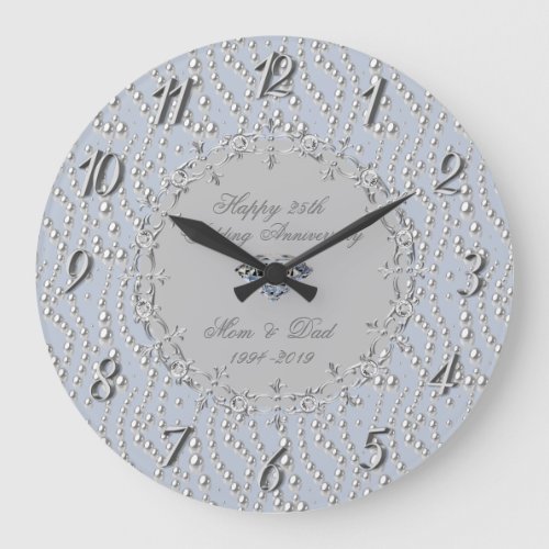 Chic Silver Pearls 25th Wedding Anniversary Large Clock