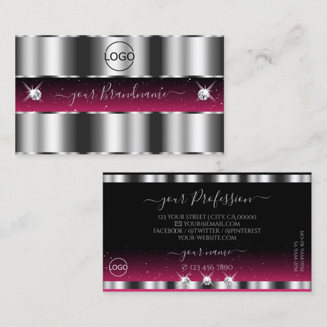 Chic Silver Pink Black Sparkling Diamonds Add Logo Business Card (Front/Back)