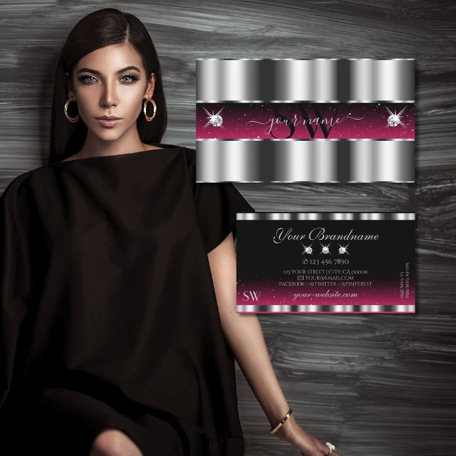 Chic Silver Pink Black Sparkling Diamonds Initials Business Card (Creator Uploaded)