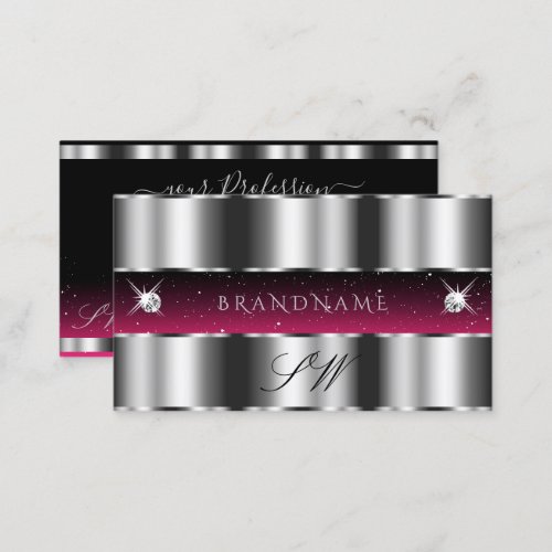 Chic Silver Pink Black Sparkling Diamonds Monogram Business Card