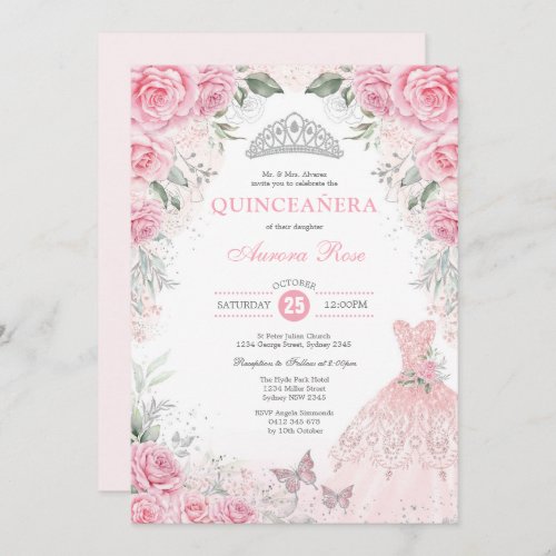 Chic Silver Pink Floral Quinceaera Princess Dress Invitation