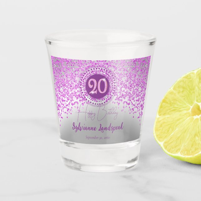 Chic Silver & Pink Glitter 20th Birthday Gift Shot Glass (Front)