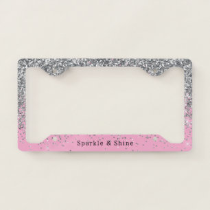 Chic Silver Pink Glitzy Glitter Sparkle License Plate Frame