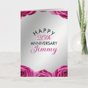 Chic Silver Pink Roses Husband 25th Anniversary Card