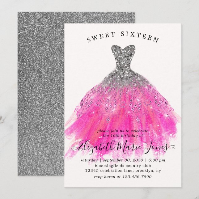 Chic Silver Pink Sparkle Dress Sweet 16th Birthday Invitation (Front/Back)