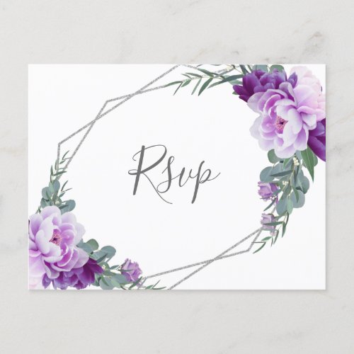 Chic Silver Purple Floral Eucalyptus Wedding RSVP Postcard