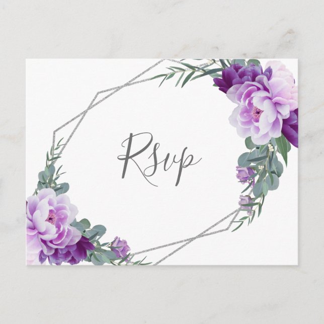 Chic Silver Purple Floral Eucalyptus Wedding RSVP Postcard (Front)