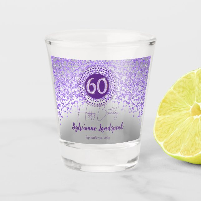 Chic Silver & Purple Glitter 60th Birthday Gift Shot Glass (Front)