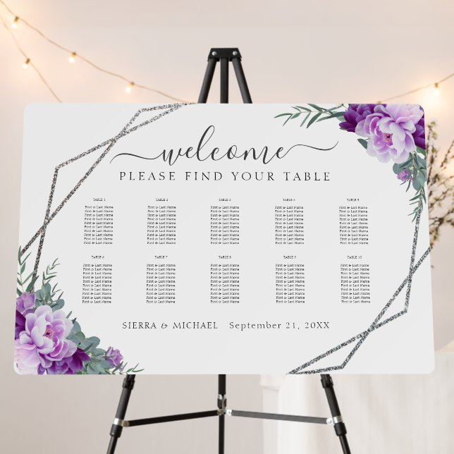 Chic Silver & Purple Wedding Seating Chart Foam Board (In Situ (Stand))