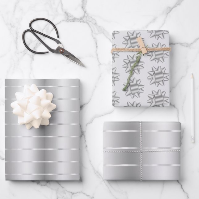 Chic Silver Ribbon Bow Bridal Shower Wrapping Paper Sheets (Front)