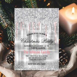 Chic silver rose gold dripping glitter Christmas Invitation
