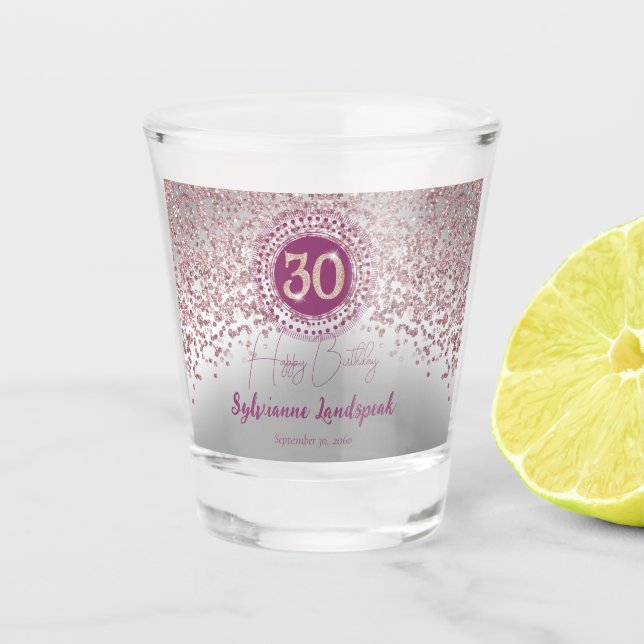 Chic Silver & Rose Gold Glitter 30th Birthday Gift Shot Glass (Front)