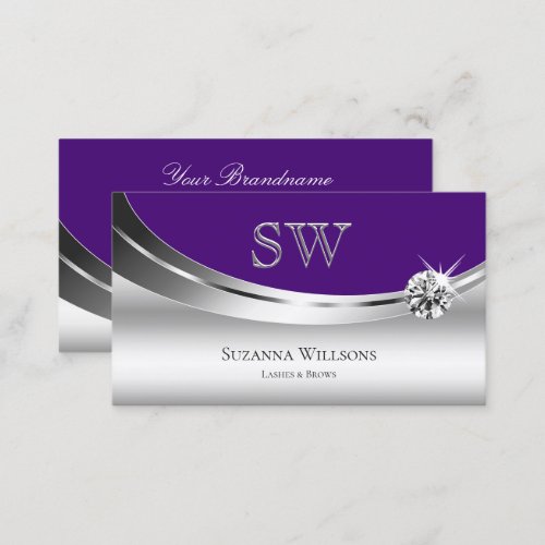 Chic Silver Royal Purple with Monogram and Diamond Business Card