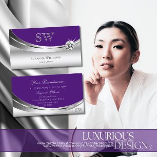Chic Silver Royal Purple with Monogram and Diamond Business Card