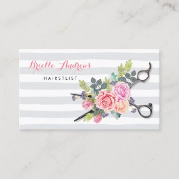 Chic Silver Scissors Hairstylist Stripes And Roses Business Card by GirlyBusinessCards at Zazzle