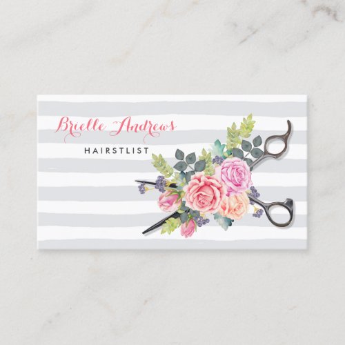 Chic Silver Scissors Hairstylist Stripes and Roses Business Card