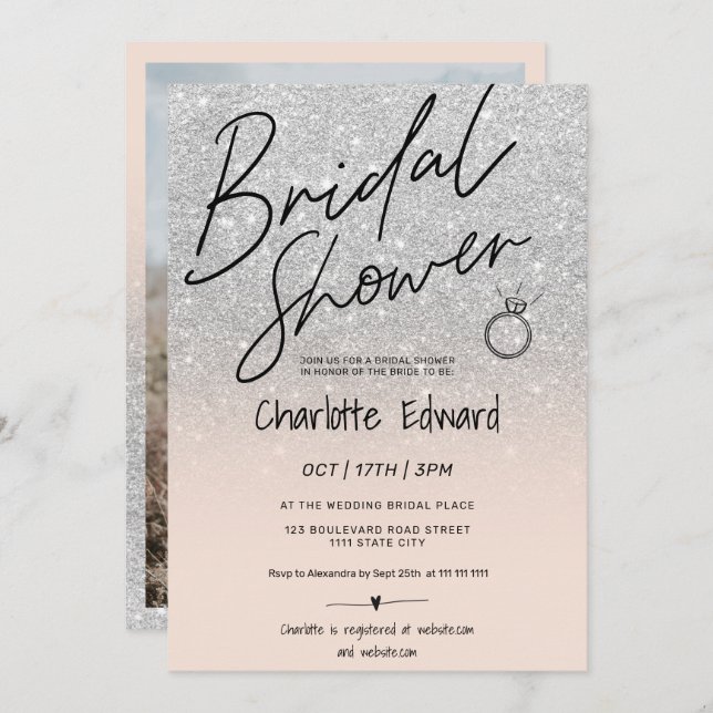 Chic silver script photo bridal shower ring pink invitation (Front/Back)