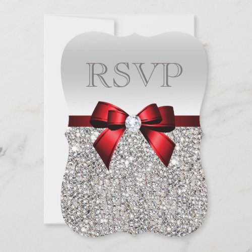 Chic Silver Sequins Diamond Red Bow Wedding RSVP