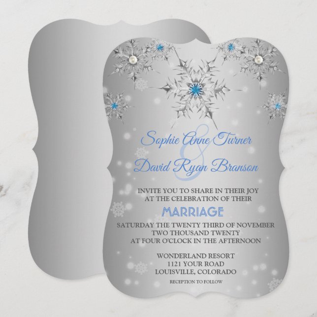 Chic Silver Snowflakes Crystal Blue Pearls Wedding Invitation (Front/Back)