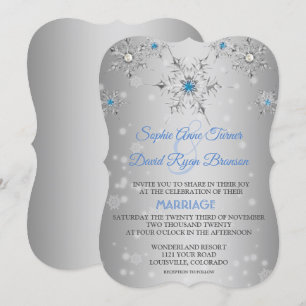 Chic Silver Snowflakes Crystal Blue Pearls Wedding Invitation