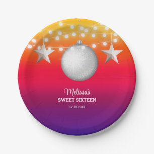 Chic Silver Star String Light Gradient Birthday Paper Plates