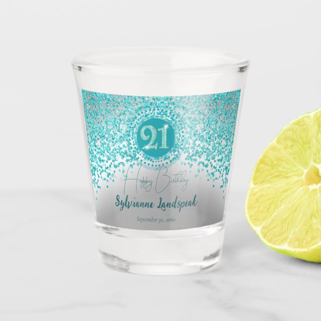 Chic Silver & Teal Blue Glitter 21st Birthday Gift Shot Glass (Front)