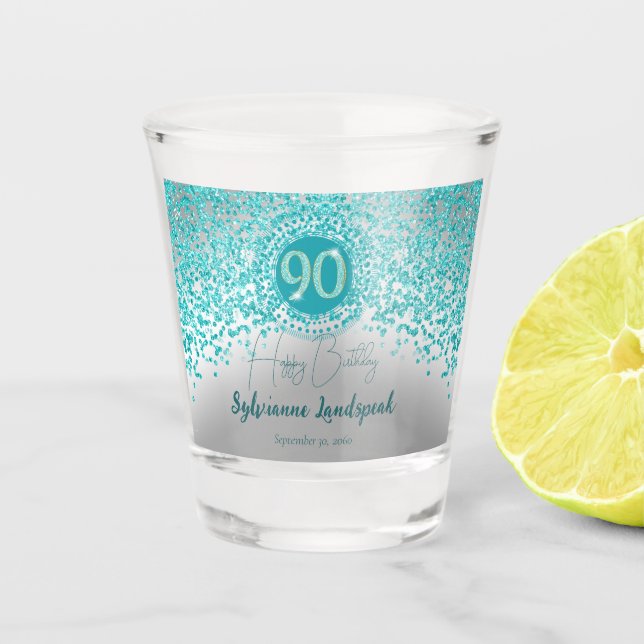 Chic Silver & Teal Blue Glitter 90th Birthday Gift Shot Glass (Front)